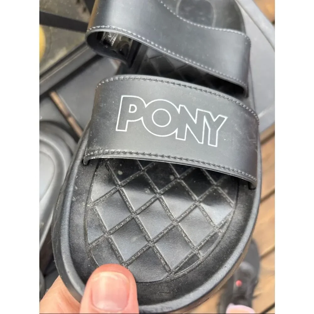 Pony Black Quilted Strap Slide Sandals